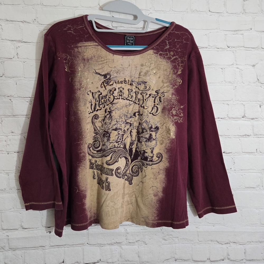 Suzie In The City MaroonGold Y2k Grunge Graphic Top Cowgirl Sz Xl Western